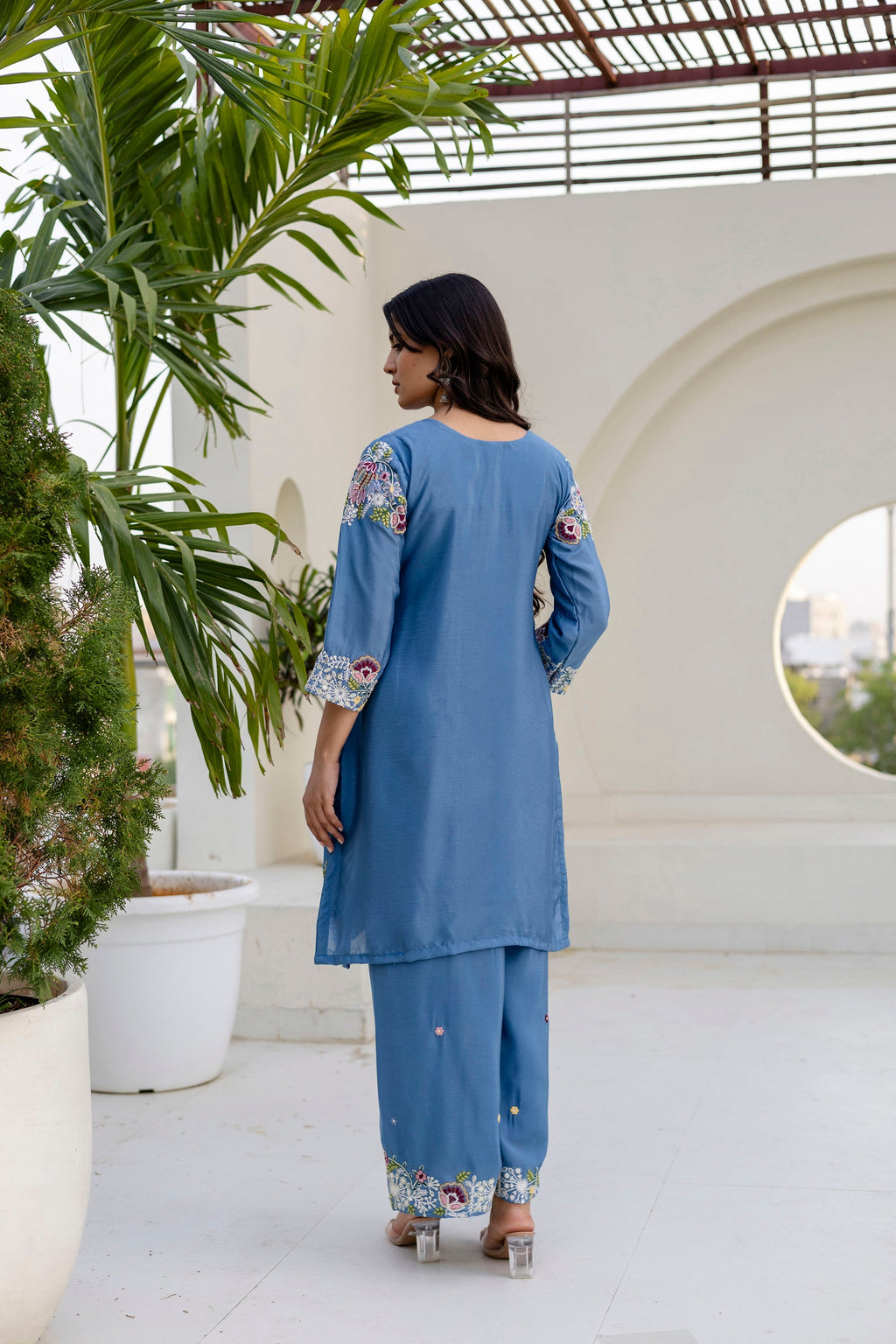 Lorenvalley Fashion Skyblue Chinon Embroidery Work With Zardozi Hand Work Kurta Palazzo With Dupatta | Grocsy