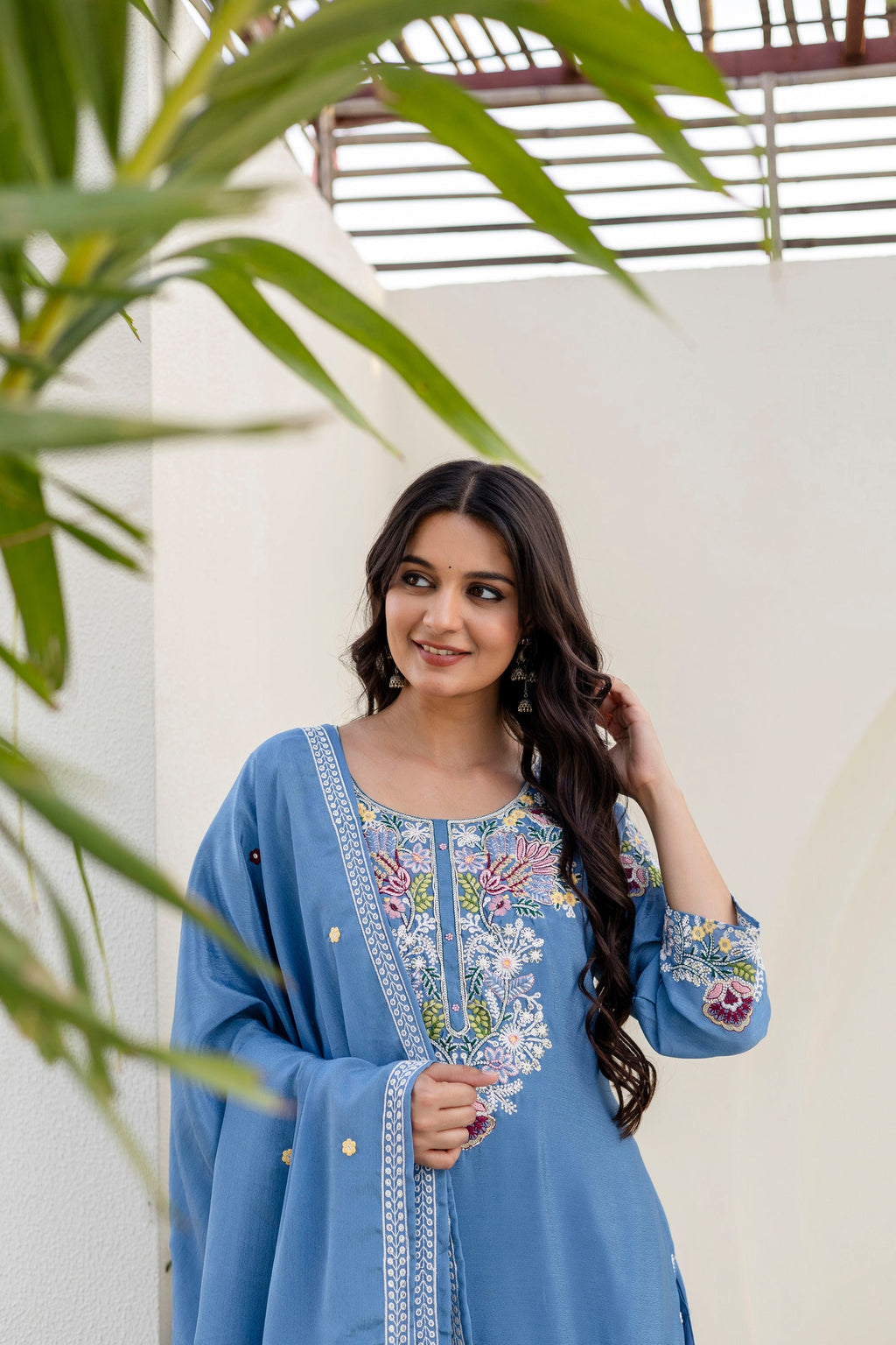 Lorenvalley Fashion Skyblue Chinon Embroidery Work With Zardozi Hand Work Kurta Palazzo With Dupatta | Grocsy