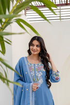 Lorenvalley Fashion Skyblue Chinon Embroidery Work With Zardozi Hand Work Kurta Palazzo With Dupatta | Grocsy