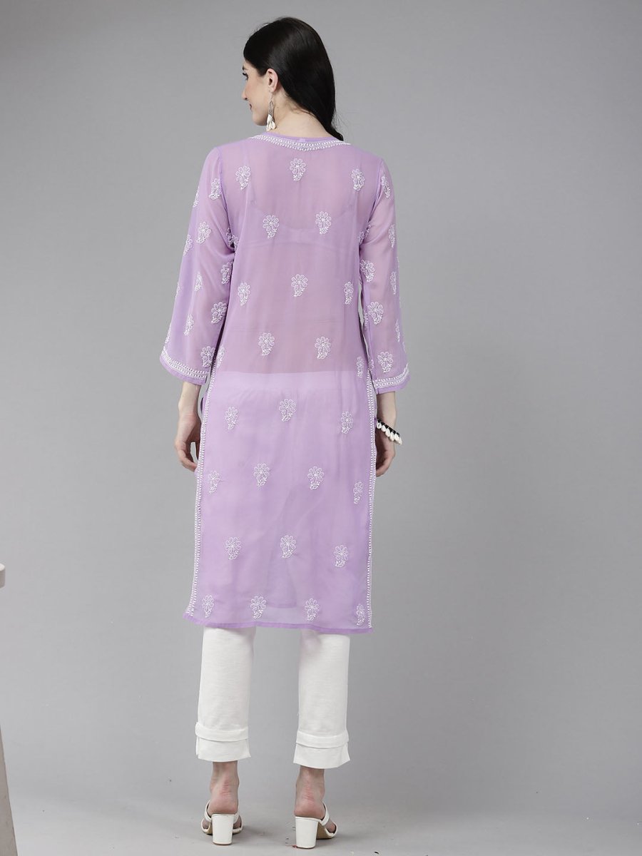 ADA Women Purple & White Ethnic Motifs Embroidered Chikankari Georgette Kurta | Grocsy