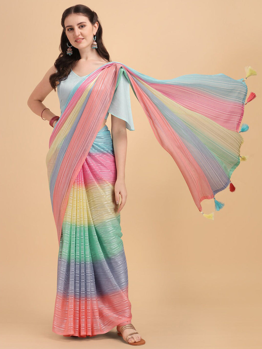 Sangria Blue & Pink Georgette Striped Zari Work Saree | Grocsy