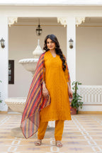 Lorenvalley Fashion Mustard Roman Silk Chikan Kari Work Kurta Pant With Dupatta | Grocsy