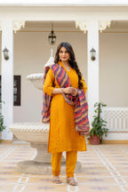 Lorenvalley Fashion Mustard Roman Silk Chikan Kari Work Kurta Pant With Dupatta | Grocsy