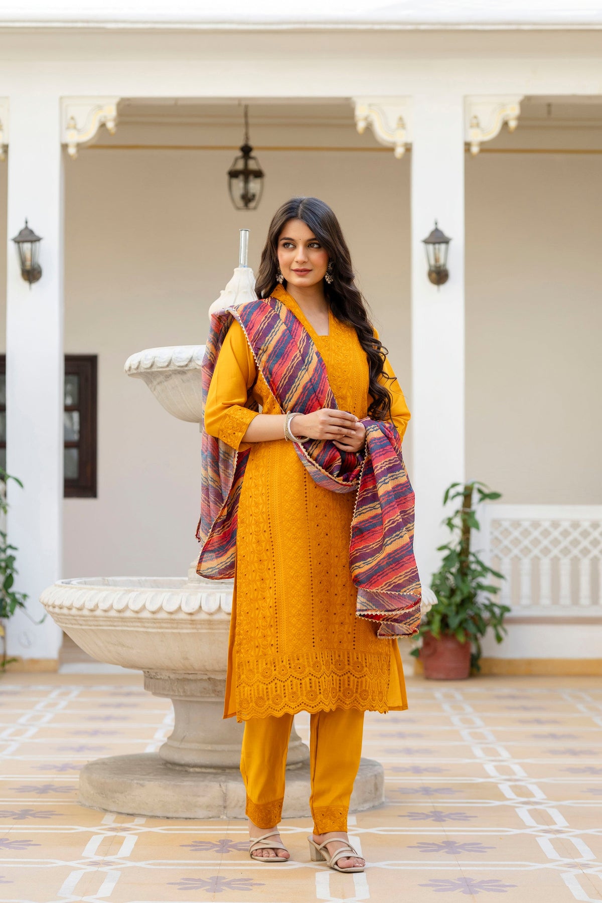 Lorenvalley Fashion Mustard Roman Silk Chikan Kari Work Kurta Pant With Dupatta | Grocsy