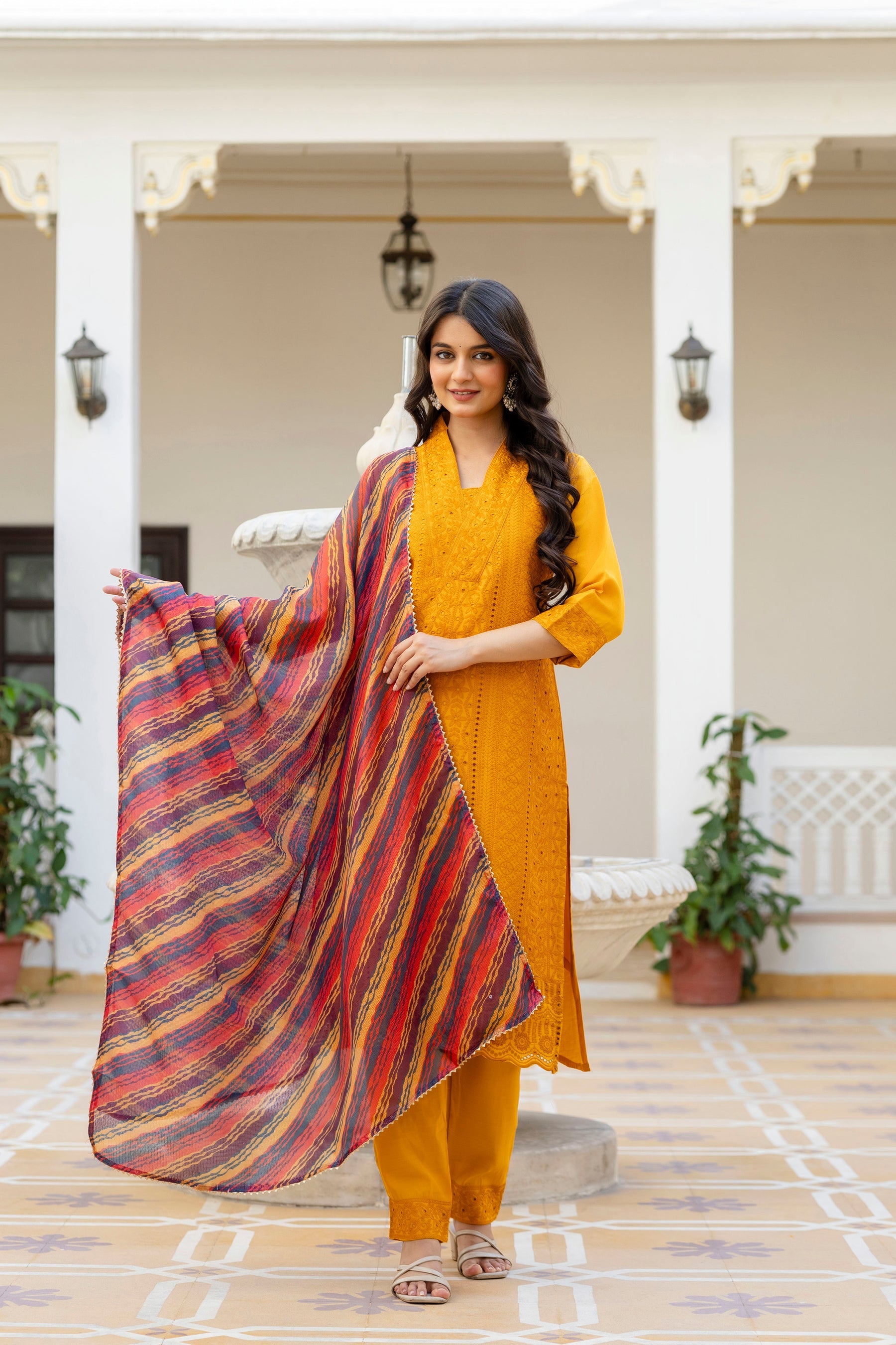 Lorenvalley Fashion Mustard Roman Silk Chikan Kari Work Kurta Pant With Dupatta | Grocsy
