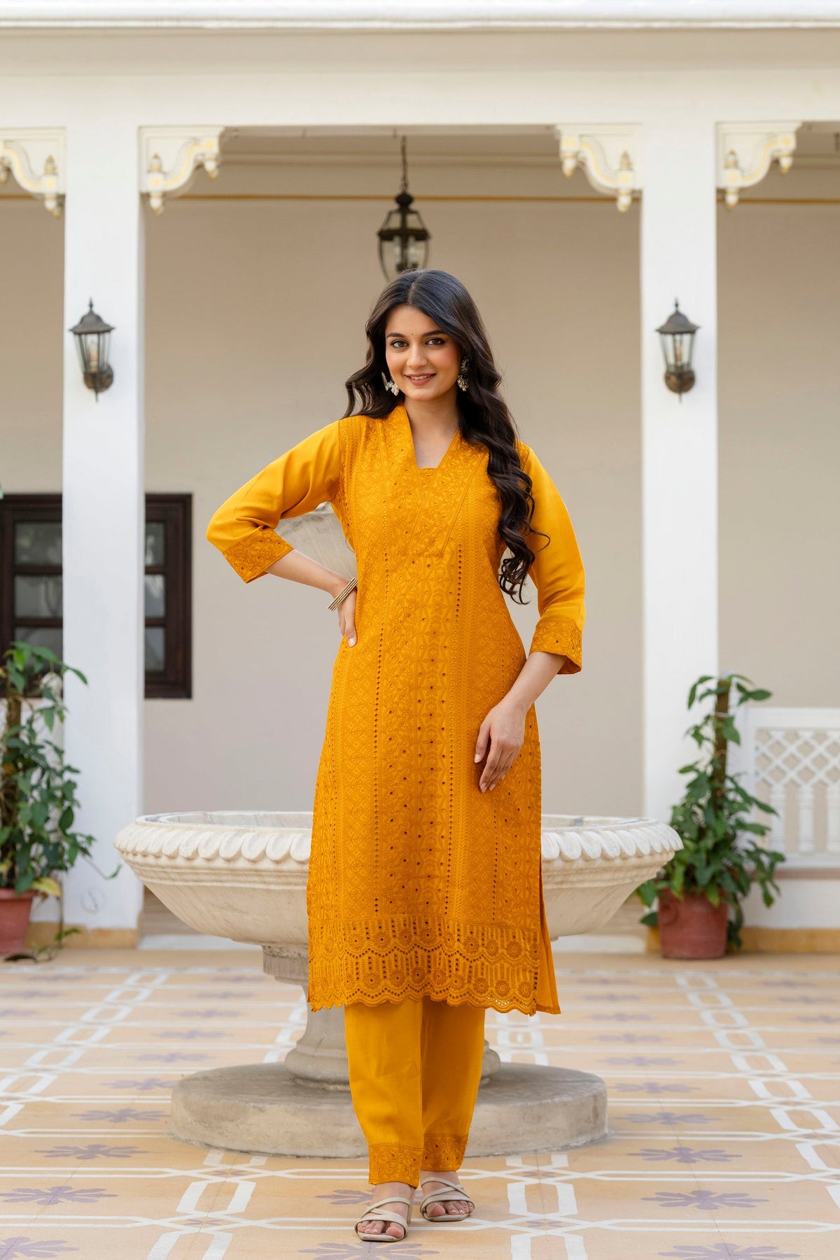 Lorenvalley Fashion Mustard Roman Silk Chikan Kari Work Kurta Pant With Dupatta | Grocsy