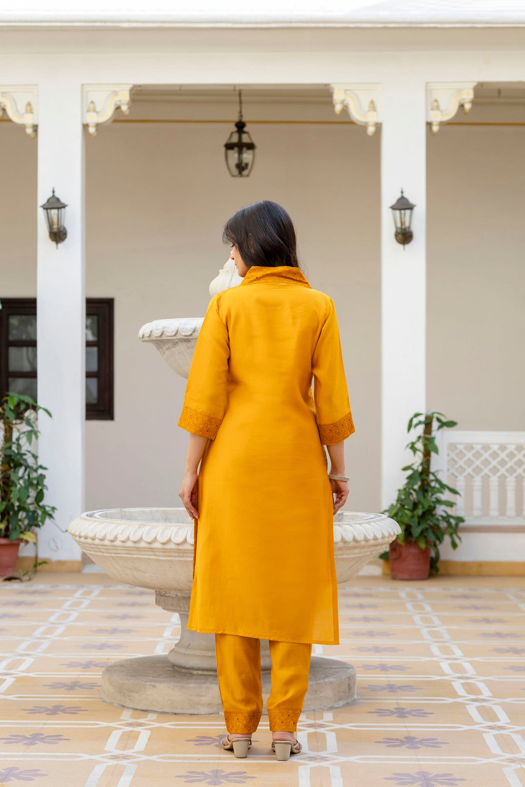 Lorenvalley Fashion Mustard Roman Silk Chikan Kari Work Kurta Pant With Dupatta | Grocsy
