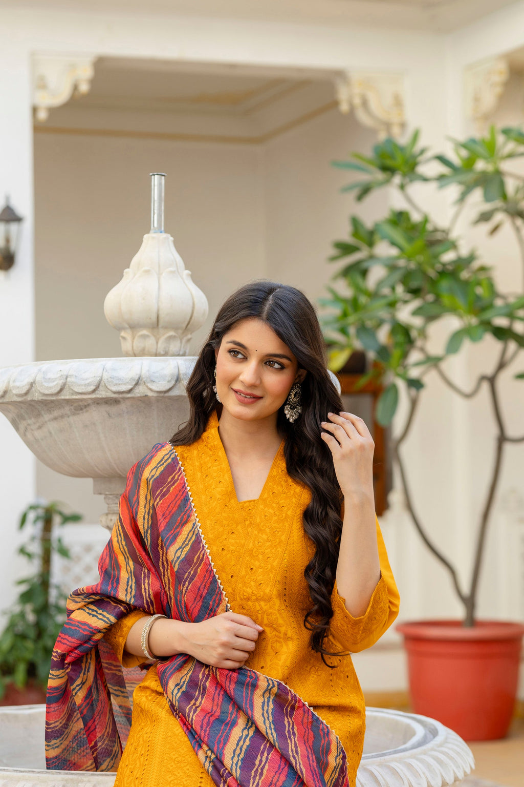 Lorenvalley Fashion Mustard Roman Silk Chikan Kari Work Kurta Pant With Dupatta | Grocsy