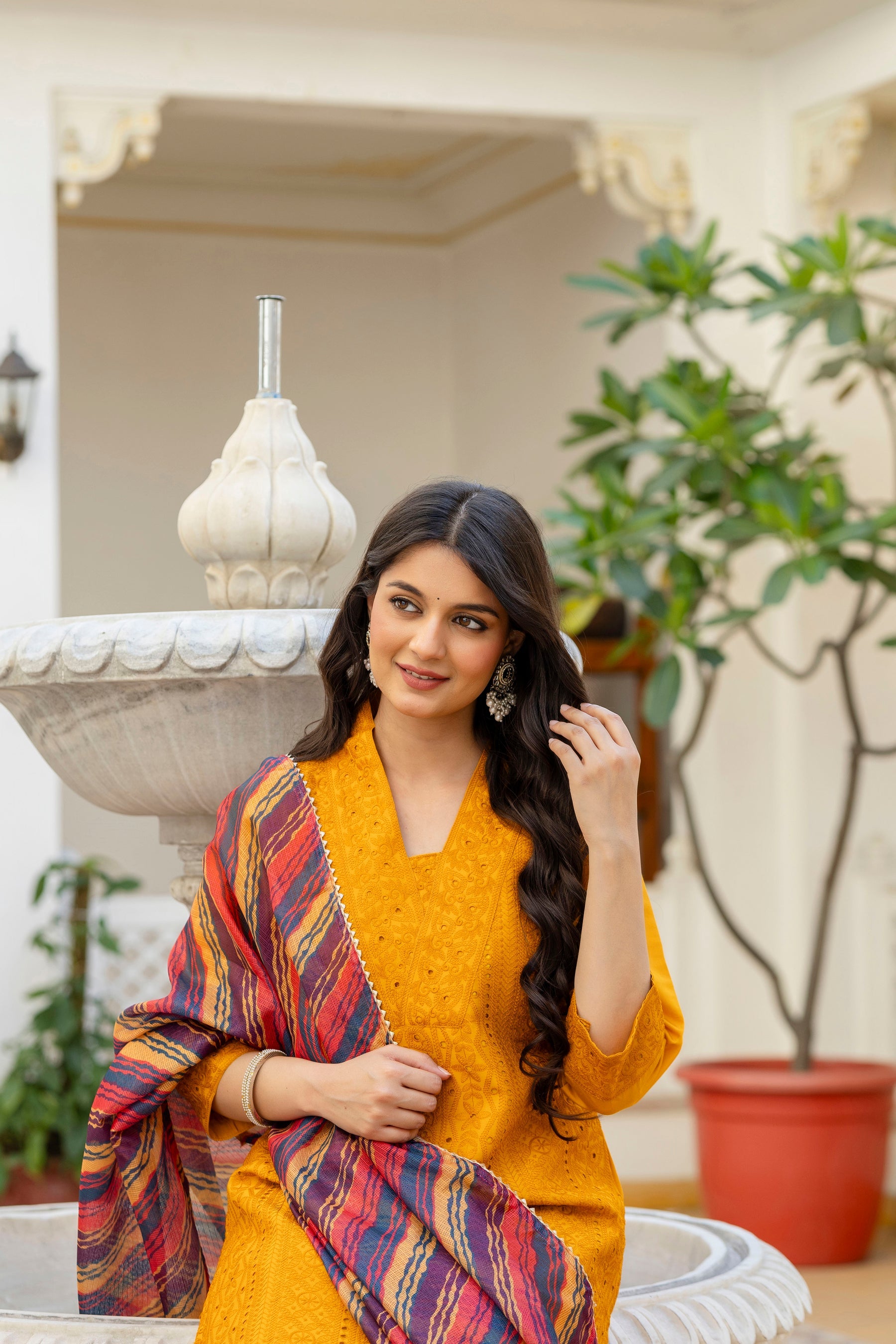 Lorenvalley Fashion Mustard Roman Silk Chikan Kari Work Kurta Pant With Dupatta | Grocsy