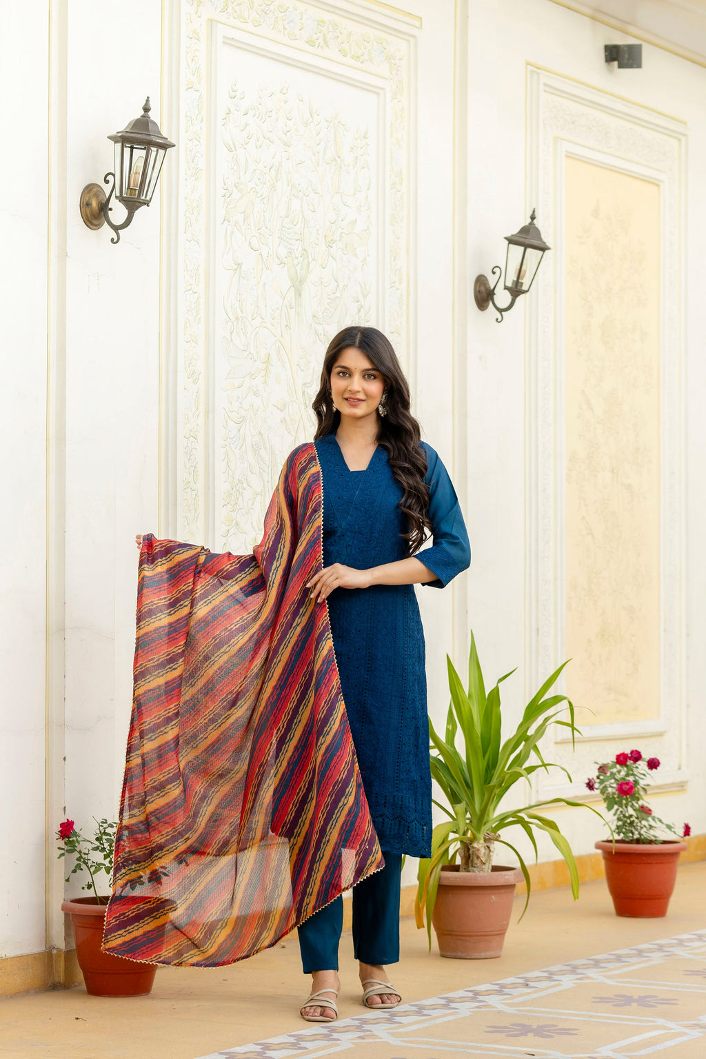 Lorenvalley Fashion Rama Roman Silk Chikan Kari Work Kurta Pant With Dupatta | Grocsy