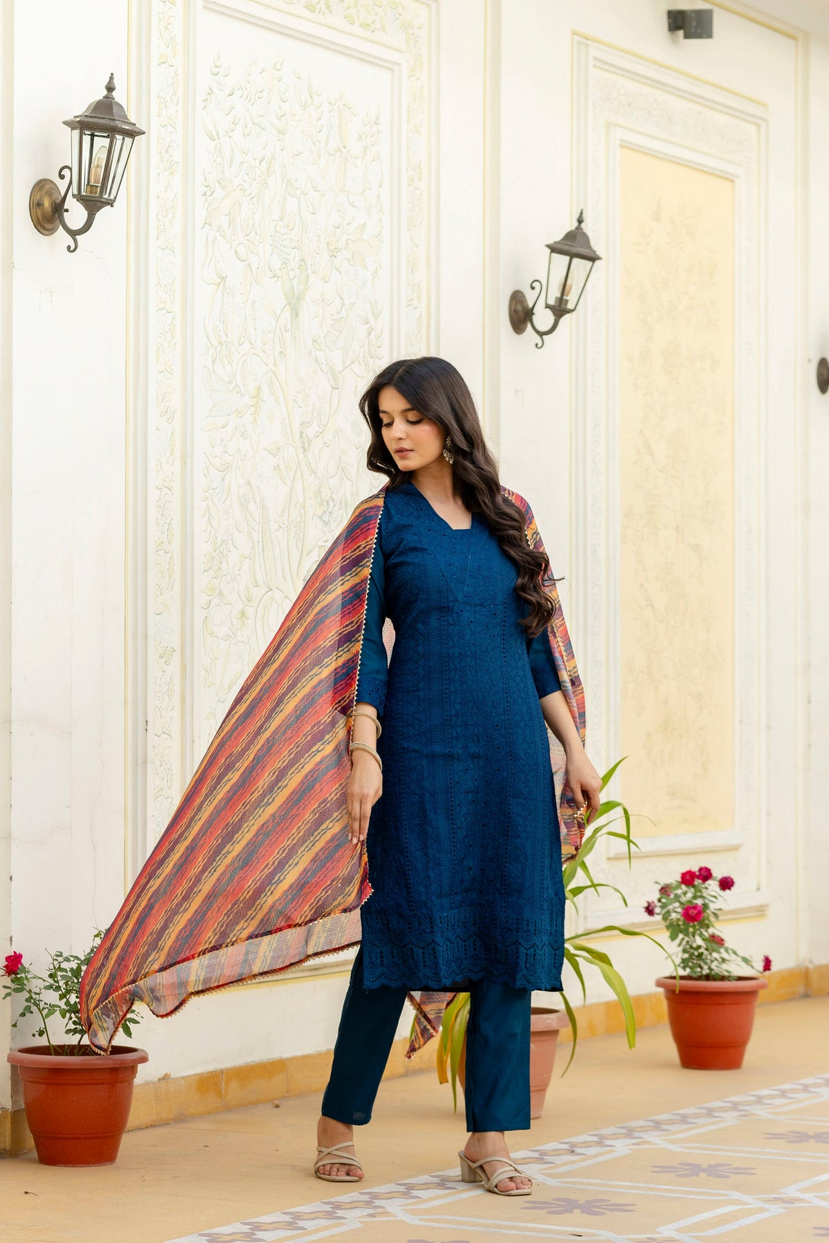 Lorenvalley Fashion Rama Roman Silk Chikan Kari Work Kurta Pant With Dupatta | Grocsy