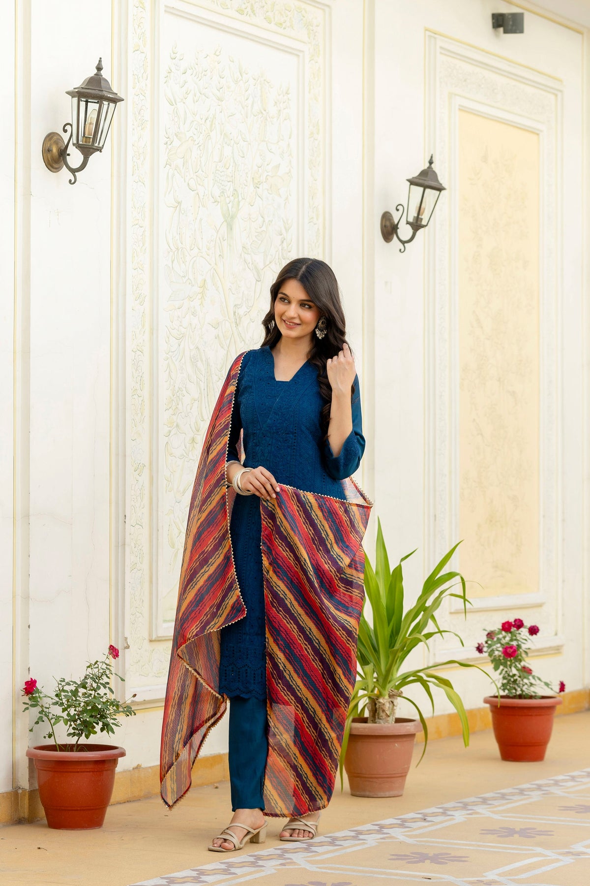 Lorenvalley Fashion Rama Roman Silk Chikan Kari Work Kurta Pant With Dupatta | Grocsy
