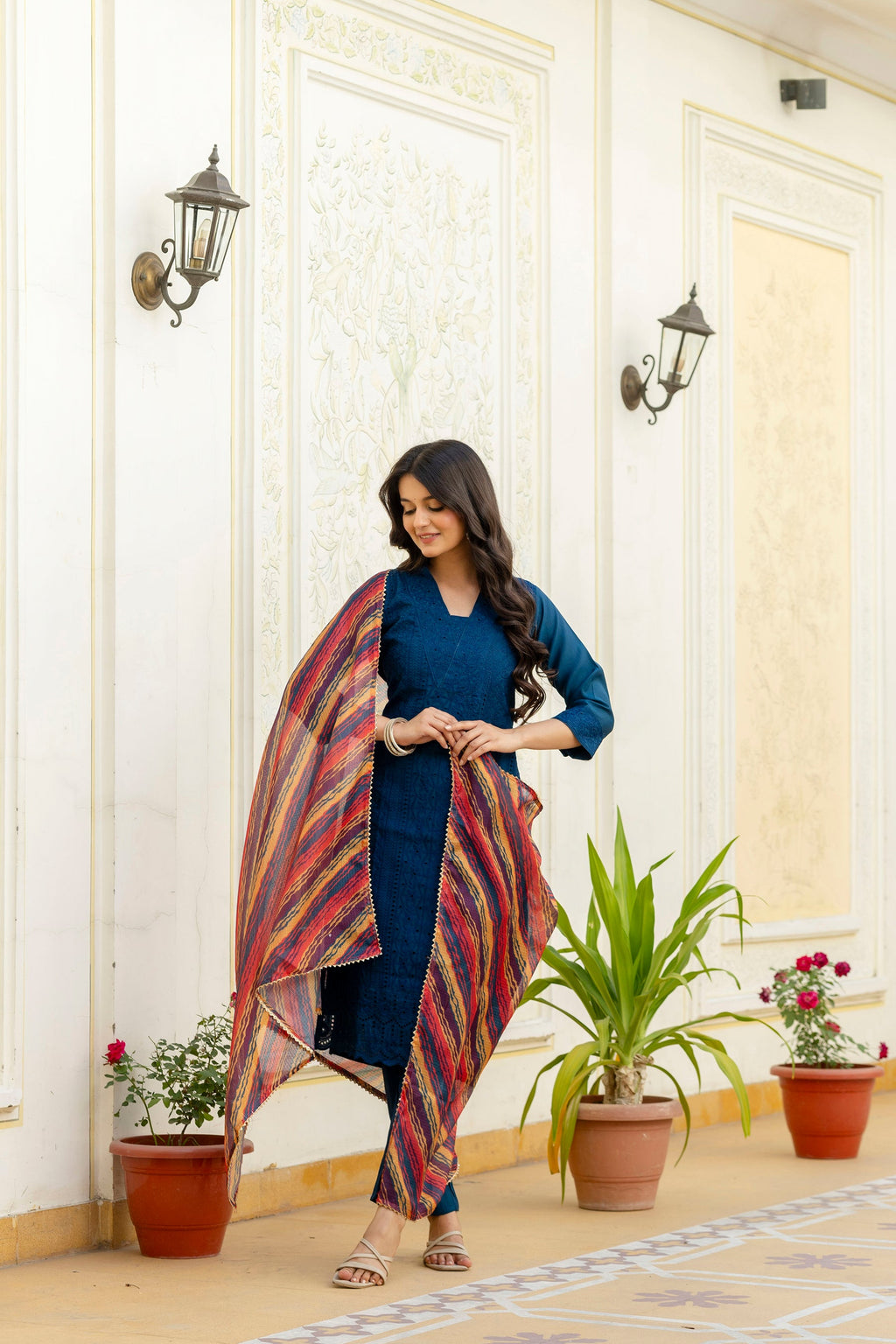 Lorenvalley Fashion Rama Roman Silk Chikan Kari Work Kurta Pant With Dupatta | Grocsy