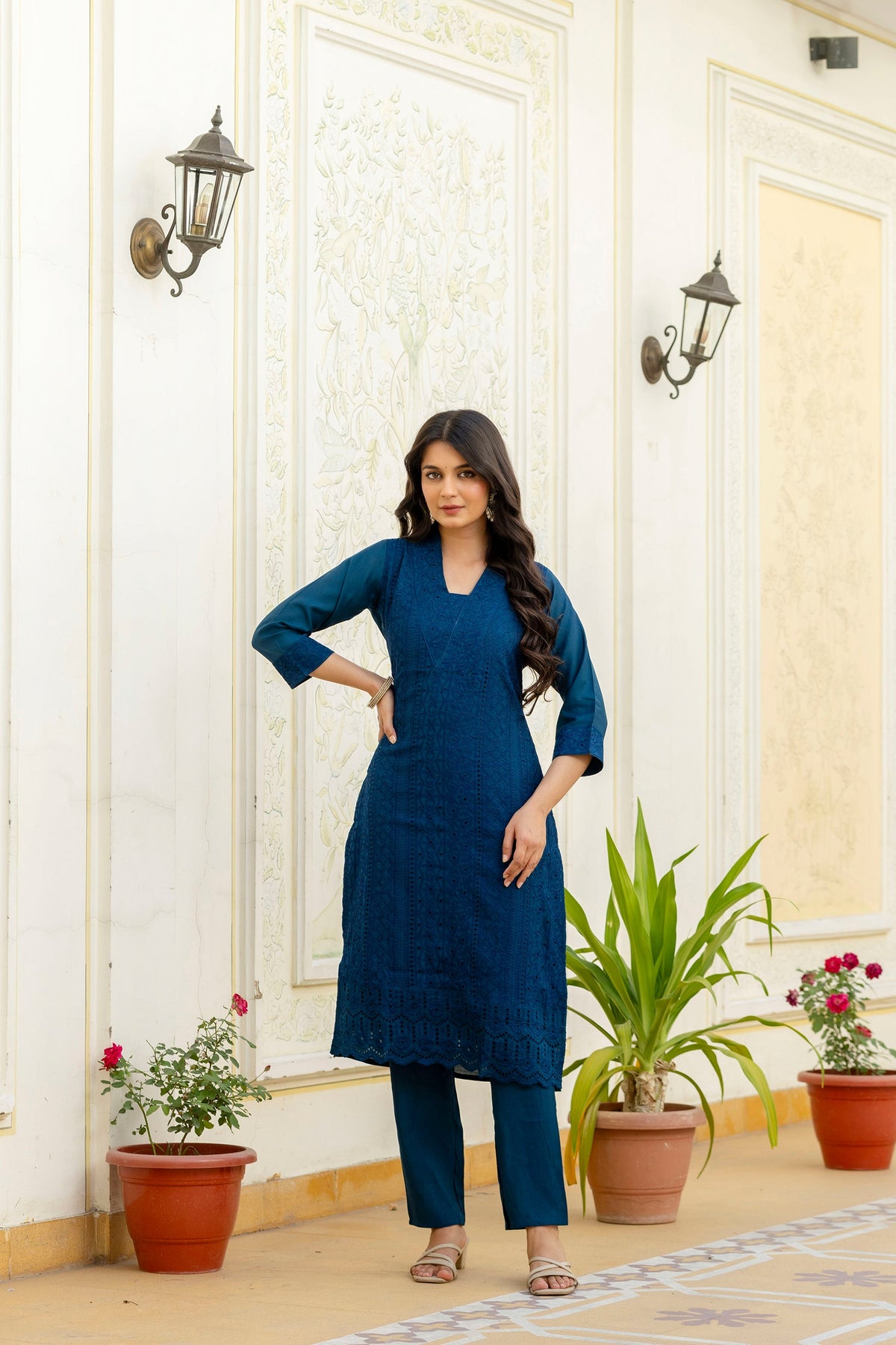 Lorenvalley Fashion Rama Roman Silk Chikan Kari Work Kurta Pant With Dupatta | Grocsy