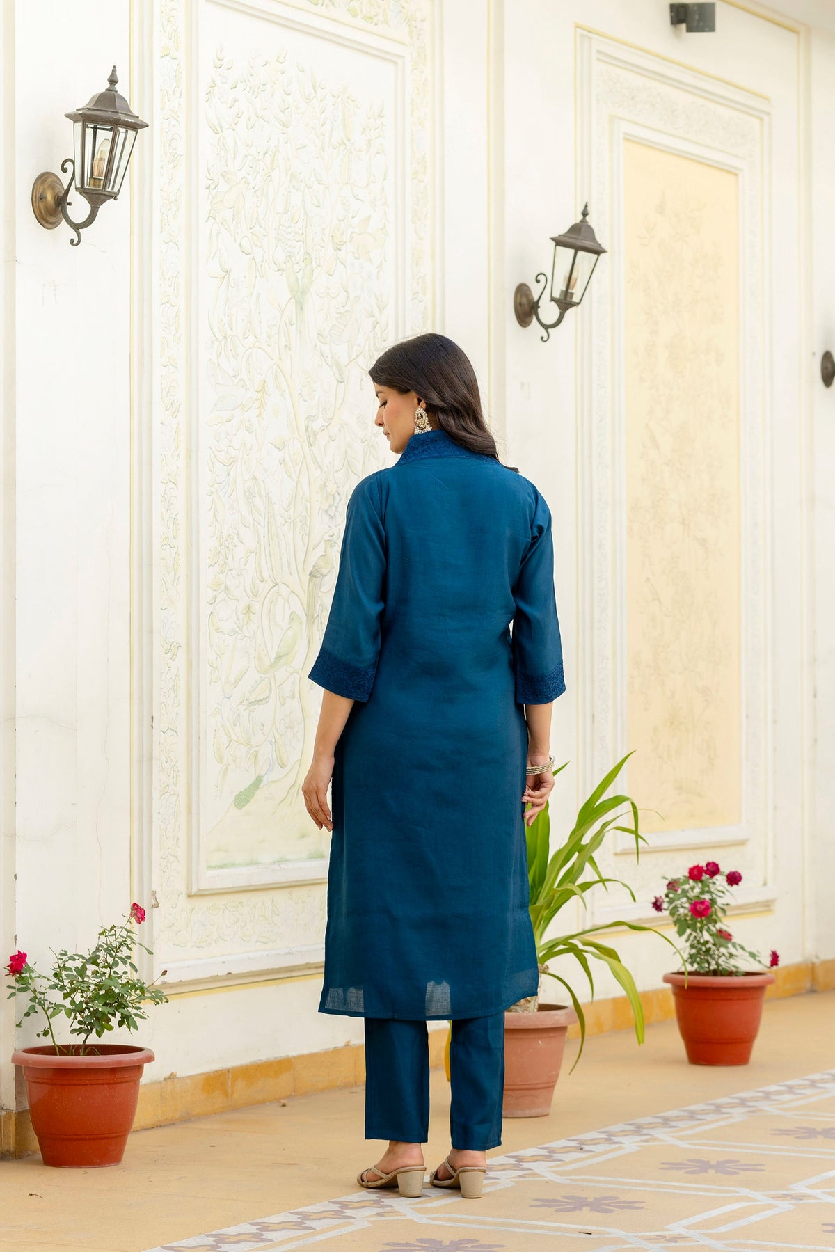 Lorenvalley Fashion Rama Roman Silk Chikan Kari Work Kurta Pant With Dupatta | Grocsy
