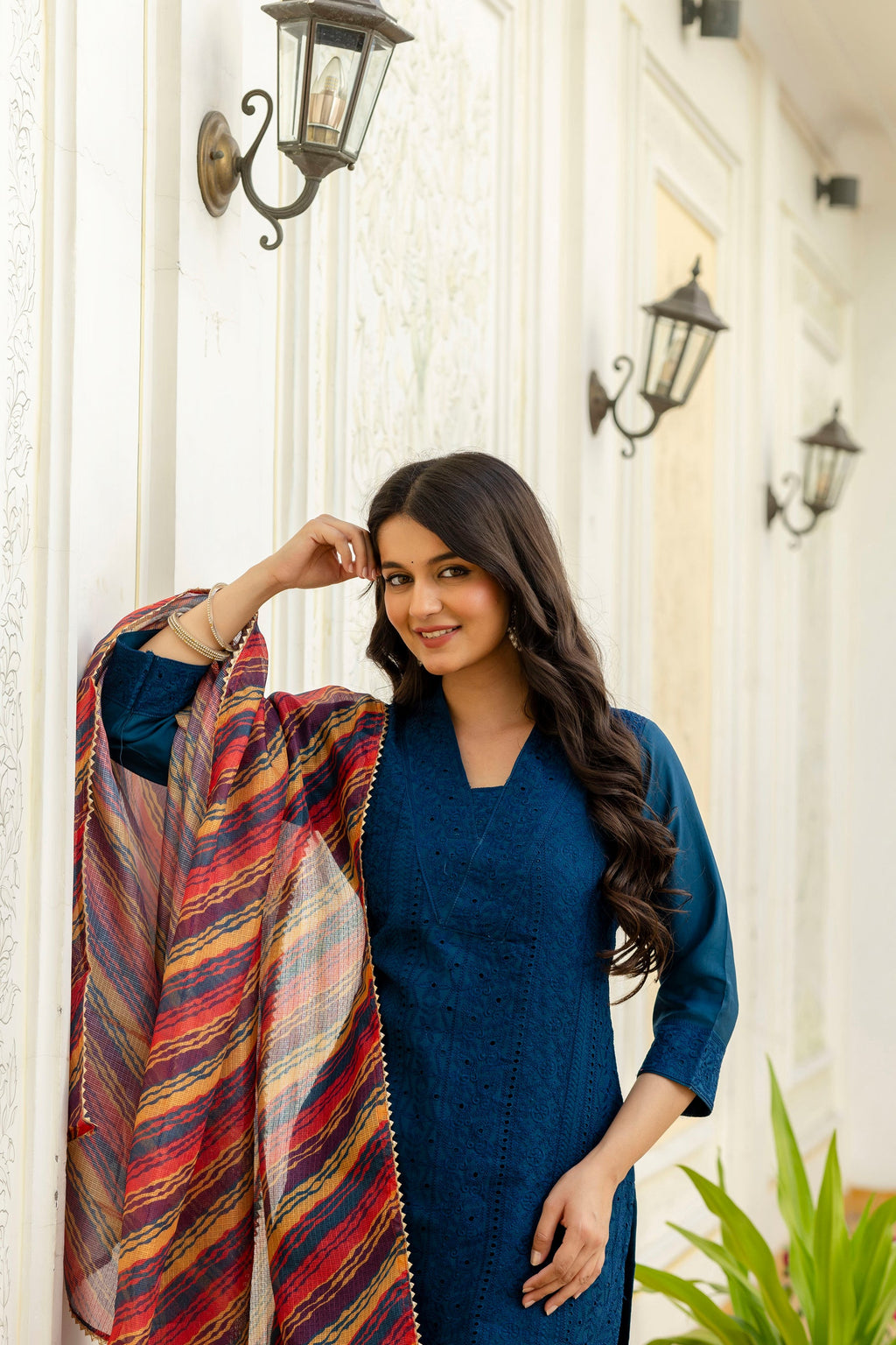 Lorenvalley Fashion Rama Roman Silk Chikan Kari Work Kurta Pant With Dupatta | Grocsy