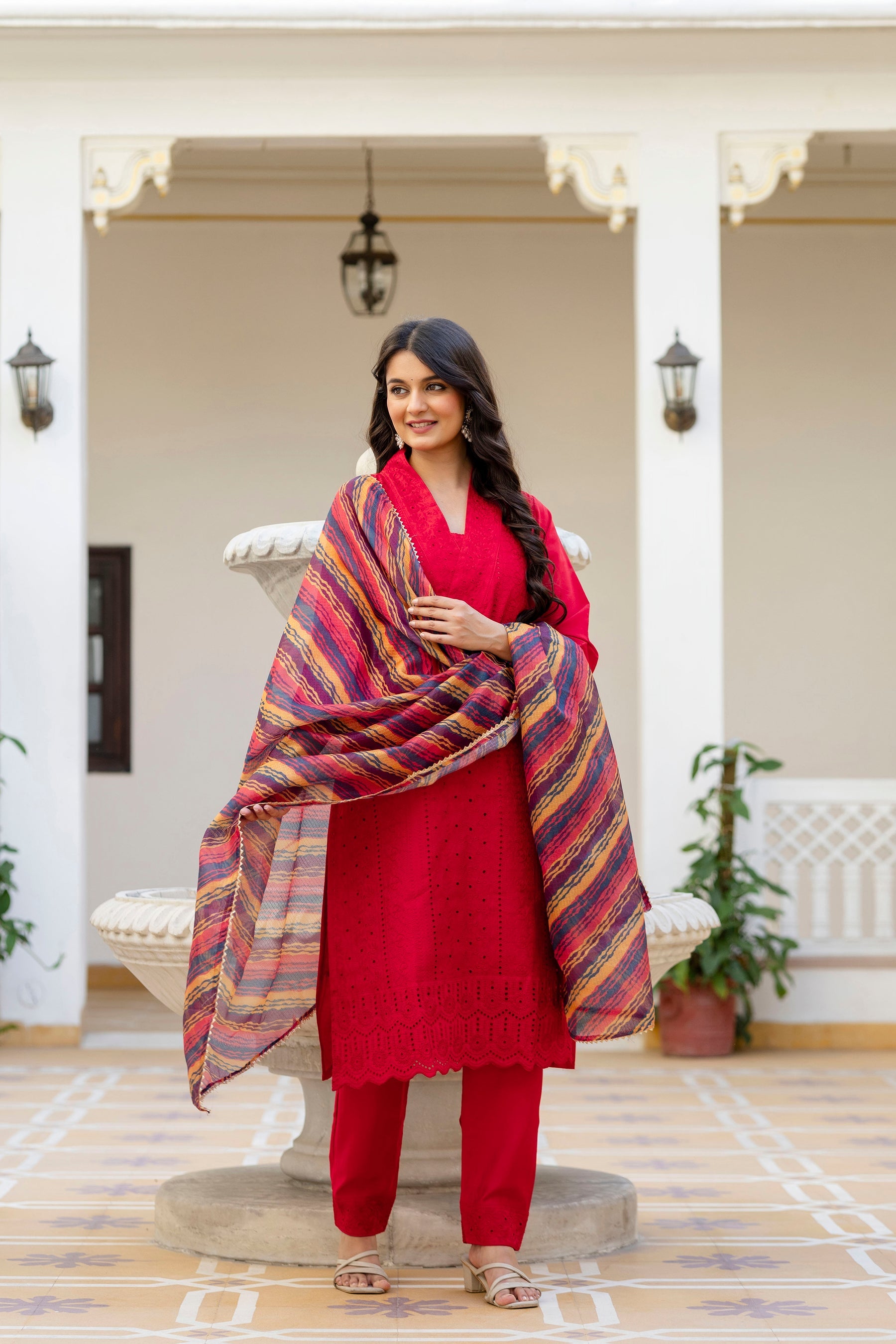 Lorenvalley Fashion Red Roman Silk Chikan Kari Work Kurta Pant With Dupatta | Grocsy