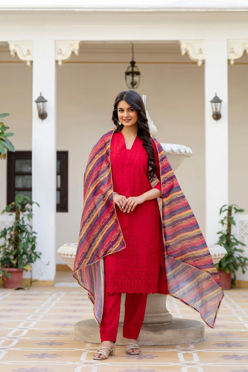 Lorenvalley Fashion Red Roman Silk Chikan Kari Work Kurta Pant With Dupatta | Grocsy