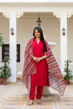 Lorenvalley Fashion Red Roman Silk Chikan Kari Work Kurta Pant With Dupatta | Grocsy