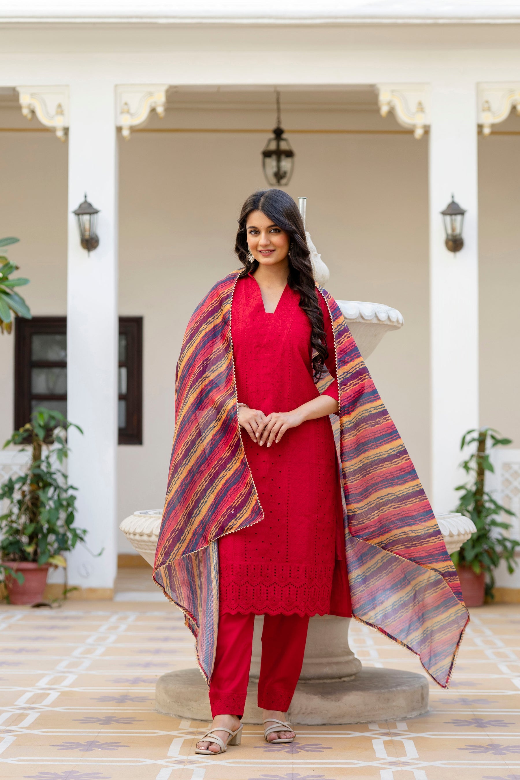 Lorenvalley Fashion Red Roman Silk Chikan Kari Work Kurta Pant With Dupatta | Grocsy