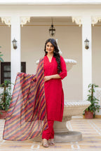 Lorenvalley Fashion Red Roman Silk Chikan Kari Work Kurta Pant With Dupatta | Grocsy
