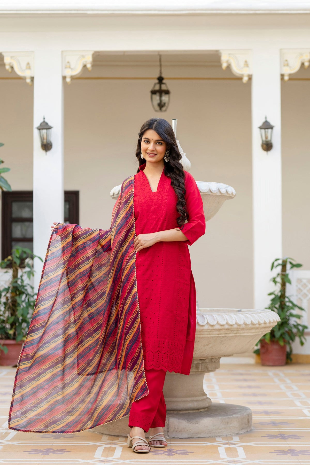 Lorenvalley Fashion Red Roman Silk Chikan Kari Work Kurta Pant With Dupatta | Grocsy