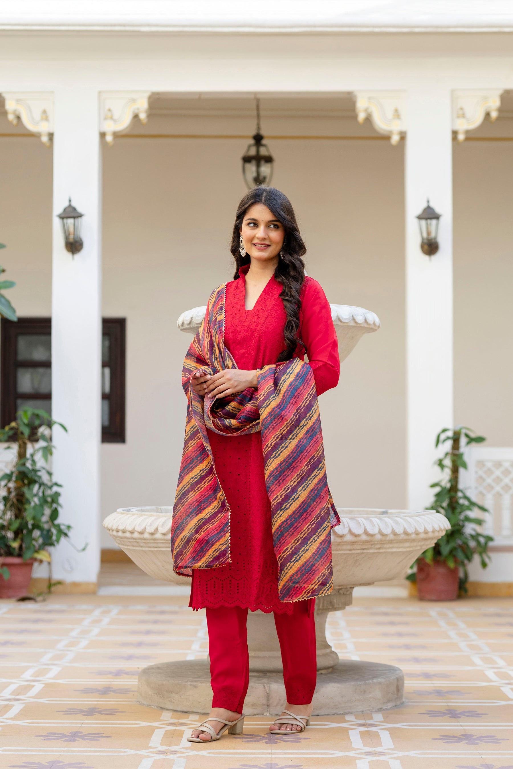 Lorenvalley Fashion Red Roman Silk Chikan Kari Work Kurta Pant With Dupatta | Grocsy