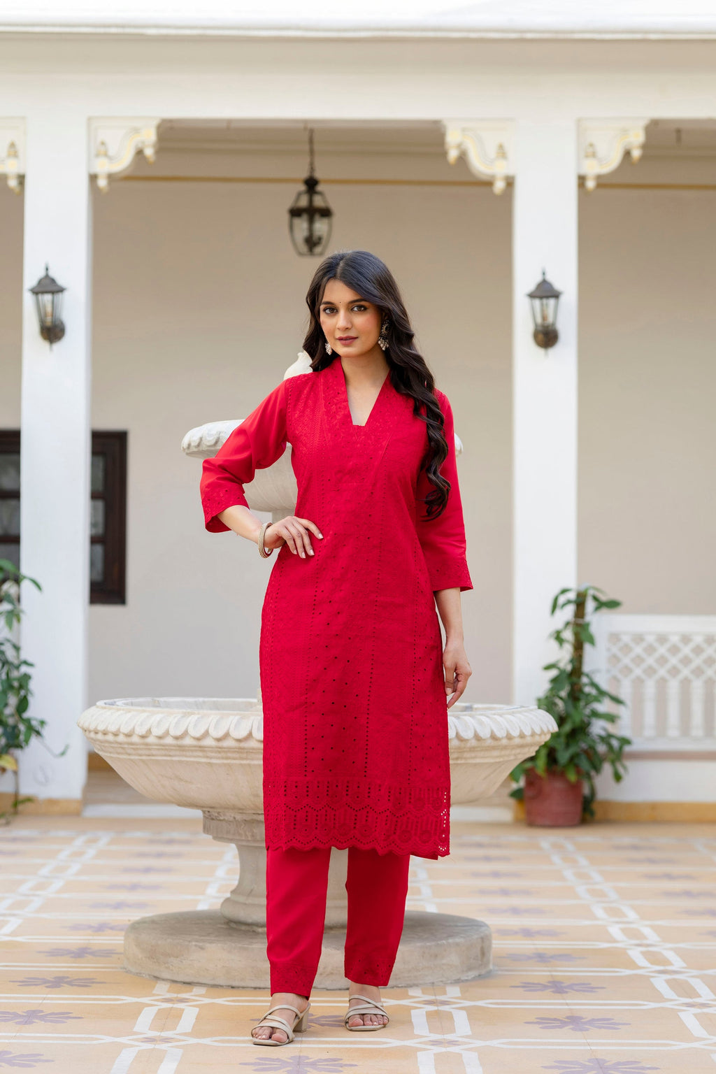 Lorenvalley Fashion Red Roman Silk Chikan Kari Work Kurta Pant With Dupatta | Grocsy
