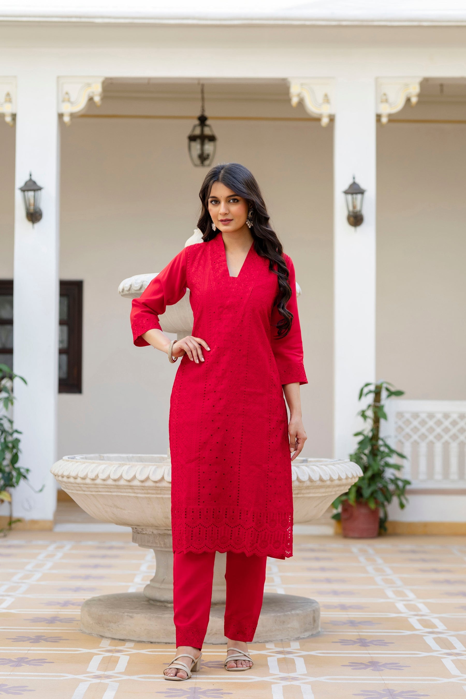 Lorenvalley Fashion Red Roman Silk Chikan Kari Work Kurta Pant With Dupatta | Grocsy