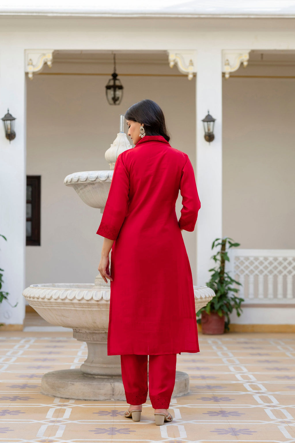 Lorenvalley Fashion Red Roman Silk Chikan Kari Work Kurta Pant With Dupatta | Grocsy