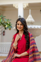 Lorenvalley Fashion Red Roman Silk Chikan Kari Work Kurta Pant With Dupatta | Grocsy