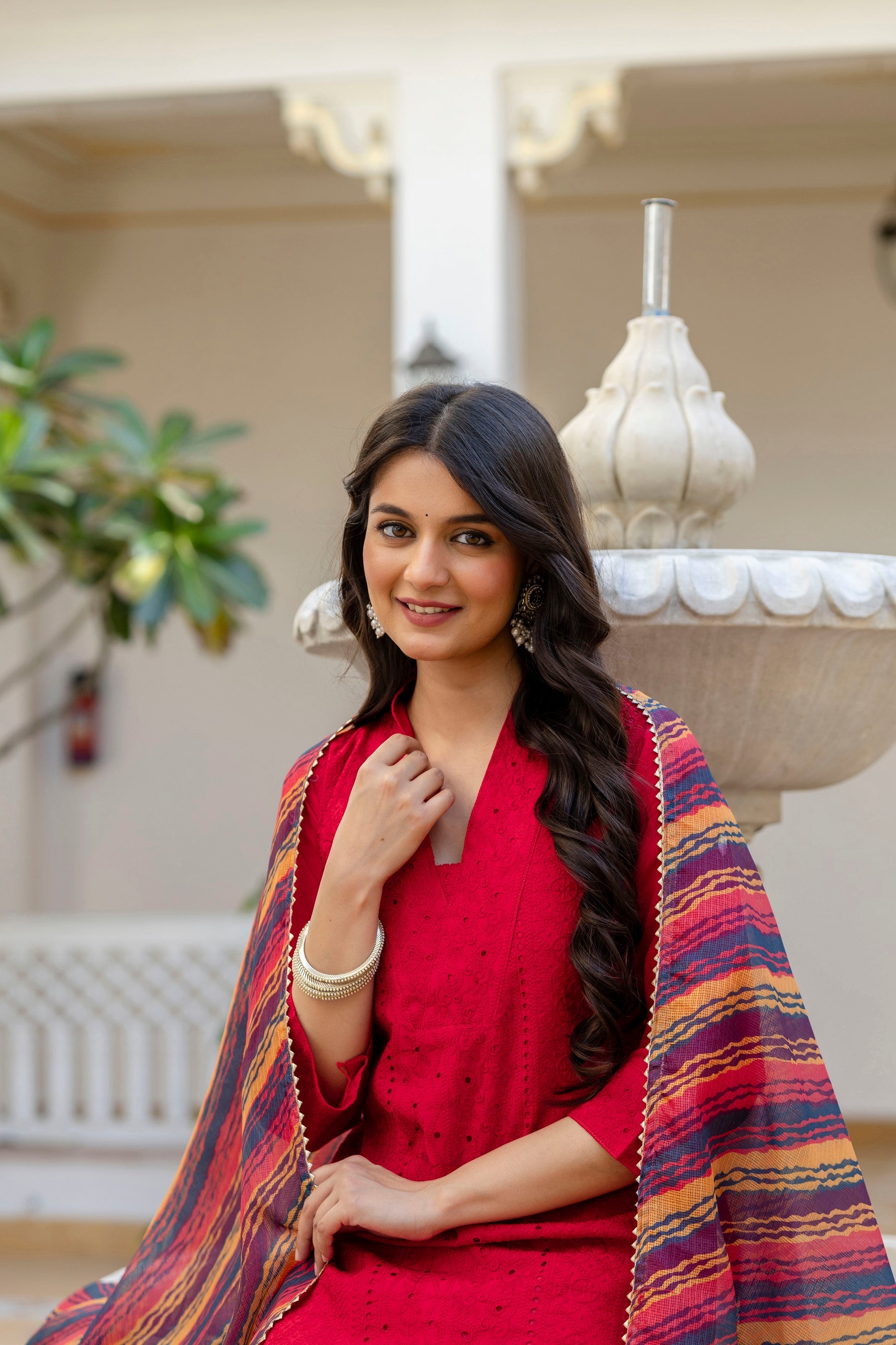 Lorenvalley Fashion Red Roman Silk Chikan Kari Work Kurta Pant With Dupatta | Grocsy