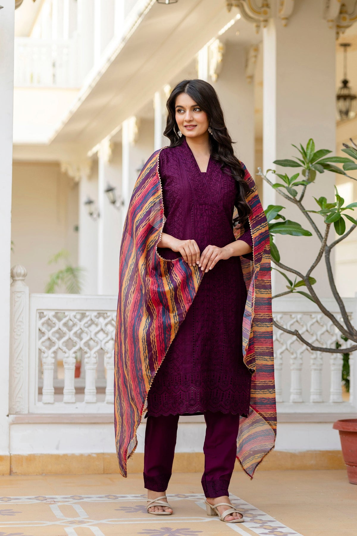 Lorenvalley Fashion Wine Roman Silk Chikan Kari Work Kurta Pant With Dupatta | Grocsy