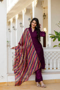 Lorenvalley Fashion Wine Roman Silk Chikan Kari Work Kurta Pant With Dupatta | Grocsy