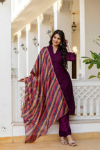 Lorenvalley Fashion Wine Roman Silk Chikan Kari Work Kurta Pant With Dupatta | Grocsy