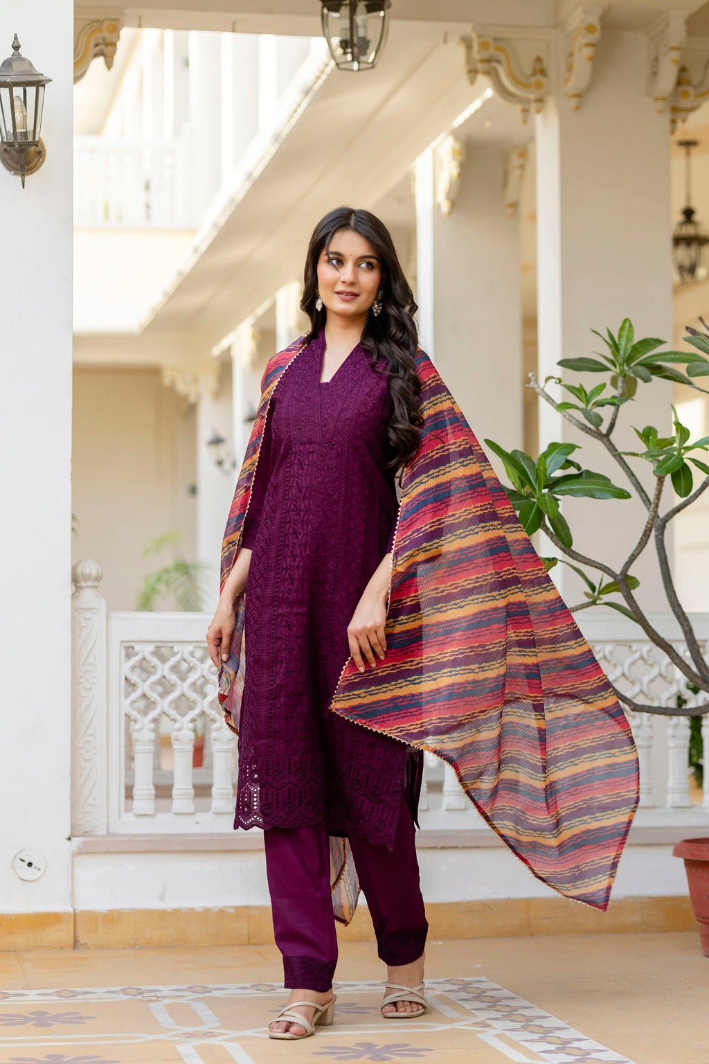 Lorenvalley Fashion Wine Roman Silk Chikan Kari Work Kurta Pant With Dupatta | Grocsy