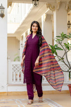 Lorenvalley Fashion Wine Roman Silk Chikan Kari Work Kurta Pant With Dupatta | Grocsy