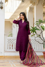 Lorenvalley Fashion Wine Roman Silk Chikan Kari Work Kurta Pant With Dupatta | Grocsy