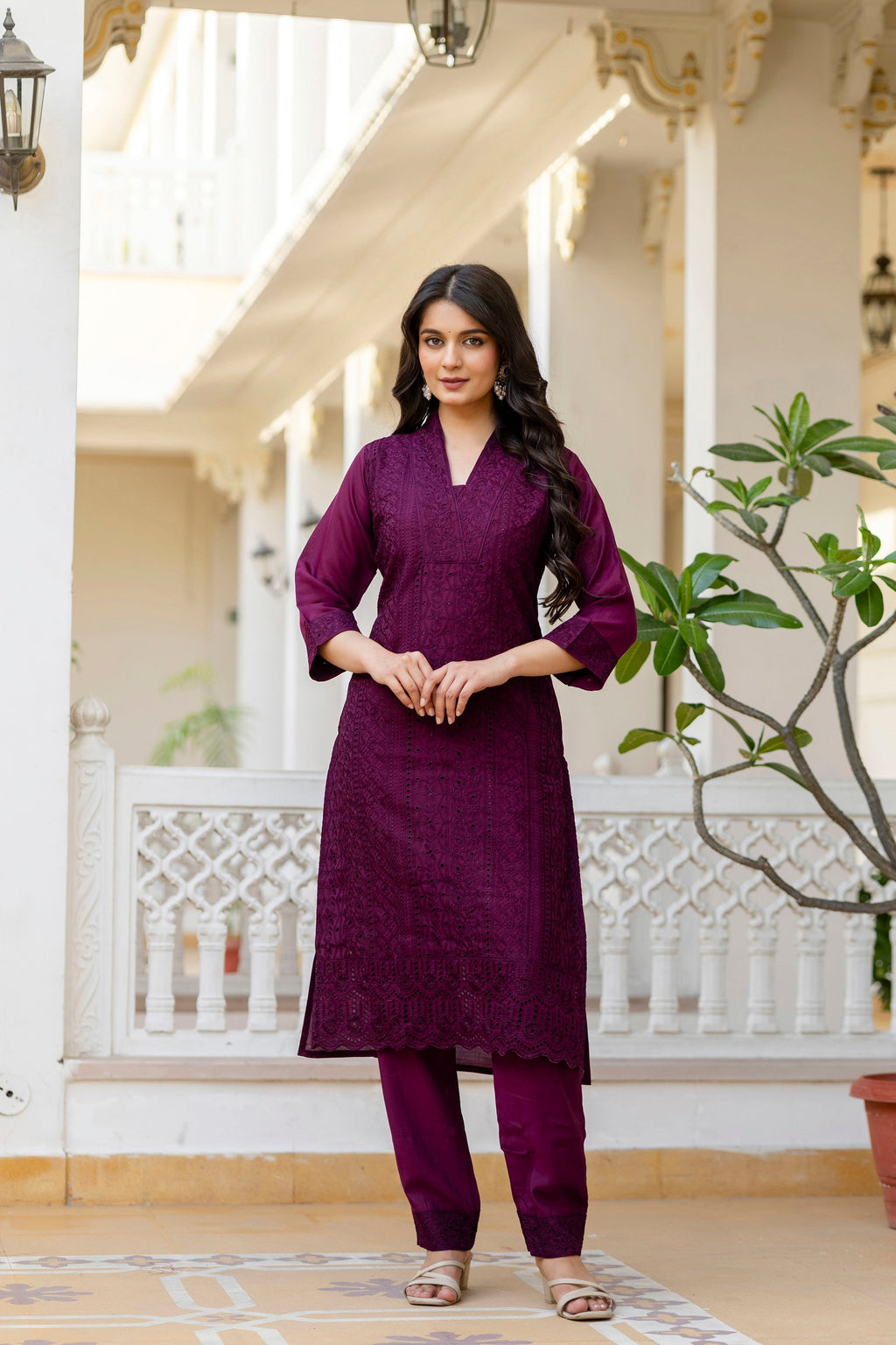 Lorenvalley Fashion Wine Roman Silk Chikan Kari Work Kurta Pant With Dupatta | Grocsy
