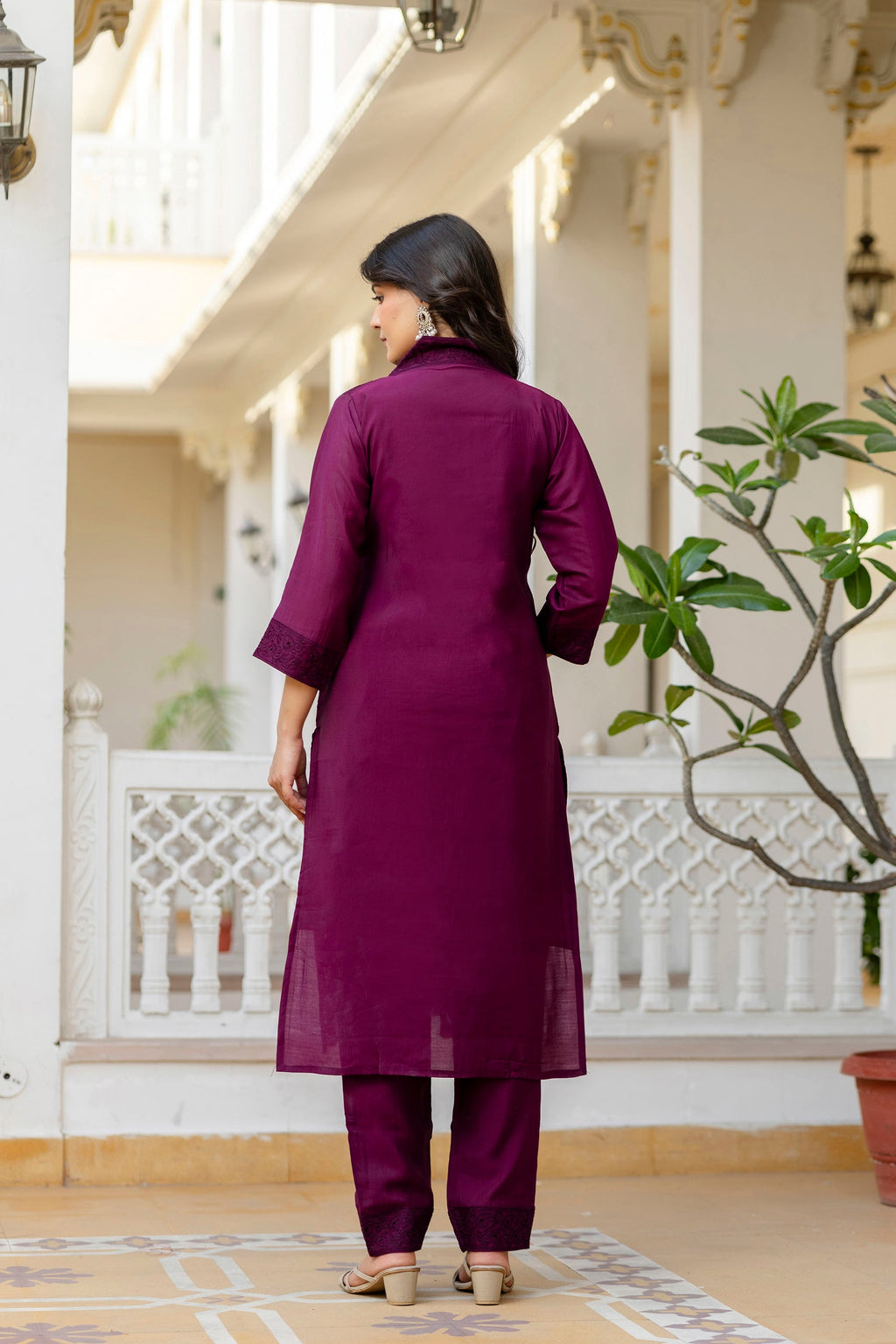 Lorenvalley Fashion Wine Roman Silk Chikan Kari Work Kurta Pant With Dupatta | Grocsy