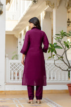 Lorenvalley Fashion Wine Roman Silk Chikan Kari Work Kurta Pant With Dupatta | Grocsy