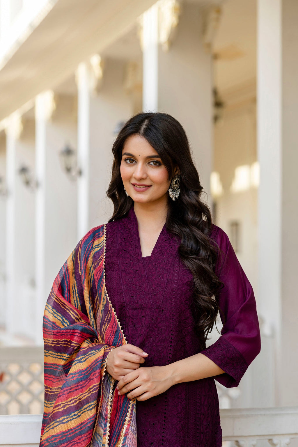 Lorenvalley Fashion Wine Roman Silk Chikan Kari Work Kurta Pant With Dupatta | Grocsy
