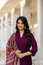 Lorenvalley Fashion Wine Roman Silk Chikan Kari Work Kurta Pant With Dupatta | Grocsy
