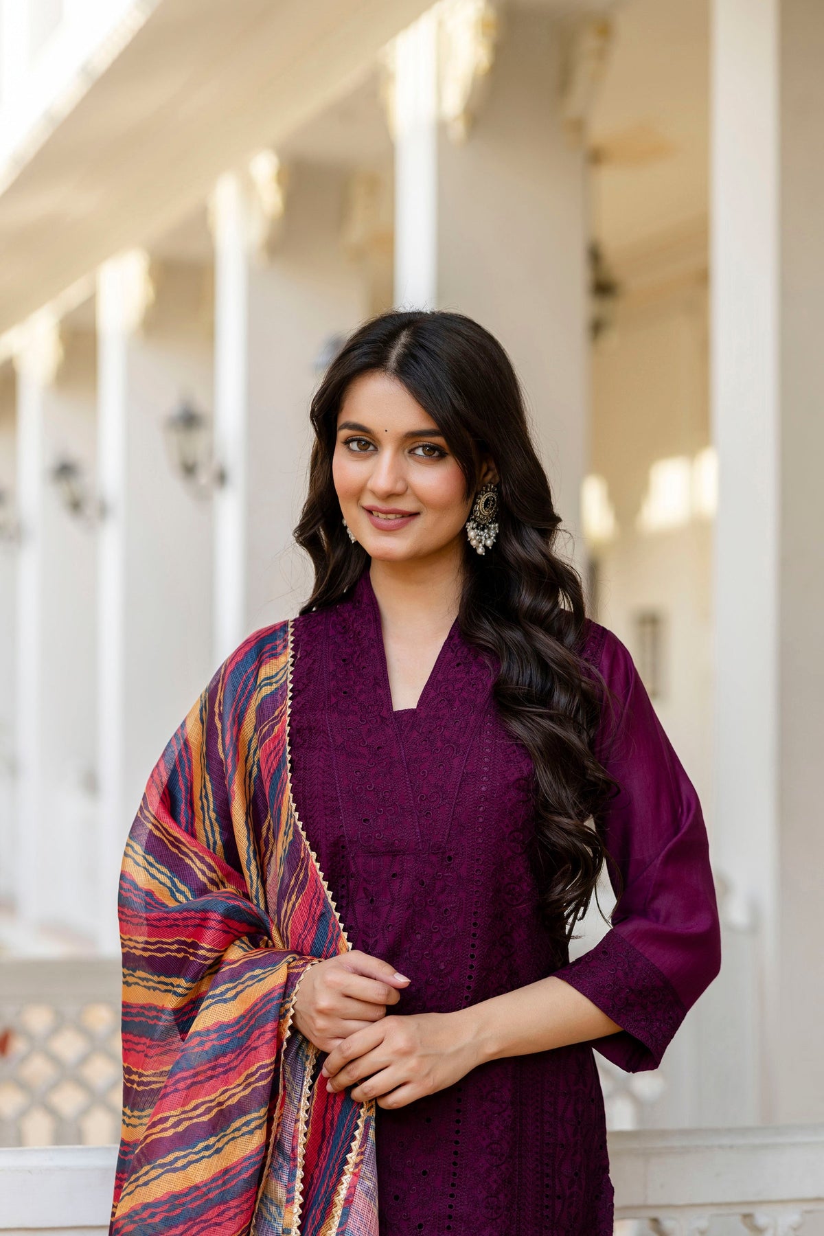 Lorenvalley Fashion Wine Roman Silk Chikan Kari Work Kurta Pant With Dupatta | Grocsy
