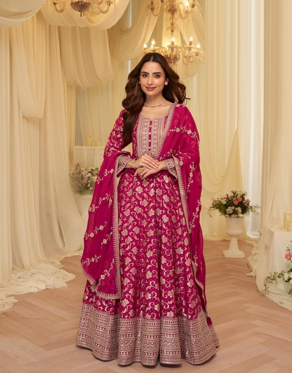 Anaita Pink Chinon Stitched Jacquard Anarkali Suit With Codding Dori & Sequence Work | Grocsy