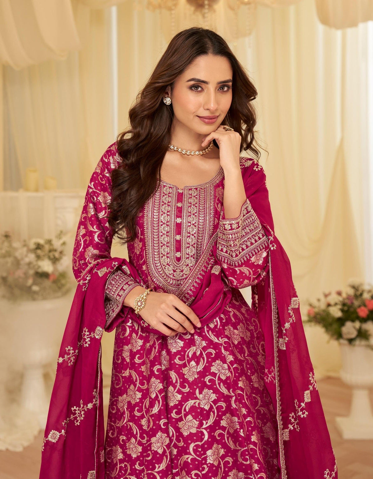 Anaita Pink Chinon Stitched Jacquard Anarkali Suit With Codding Dori & Sequence Work | Grocsy