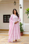 Lorenvalley Fashion Pink Mal Cotton Lakhnowi Work Gown Pant With Dupatta | Grocsy