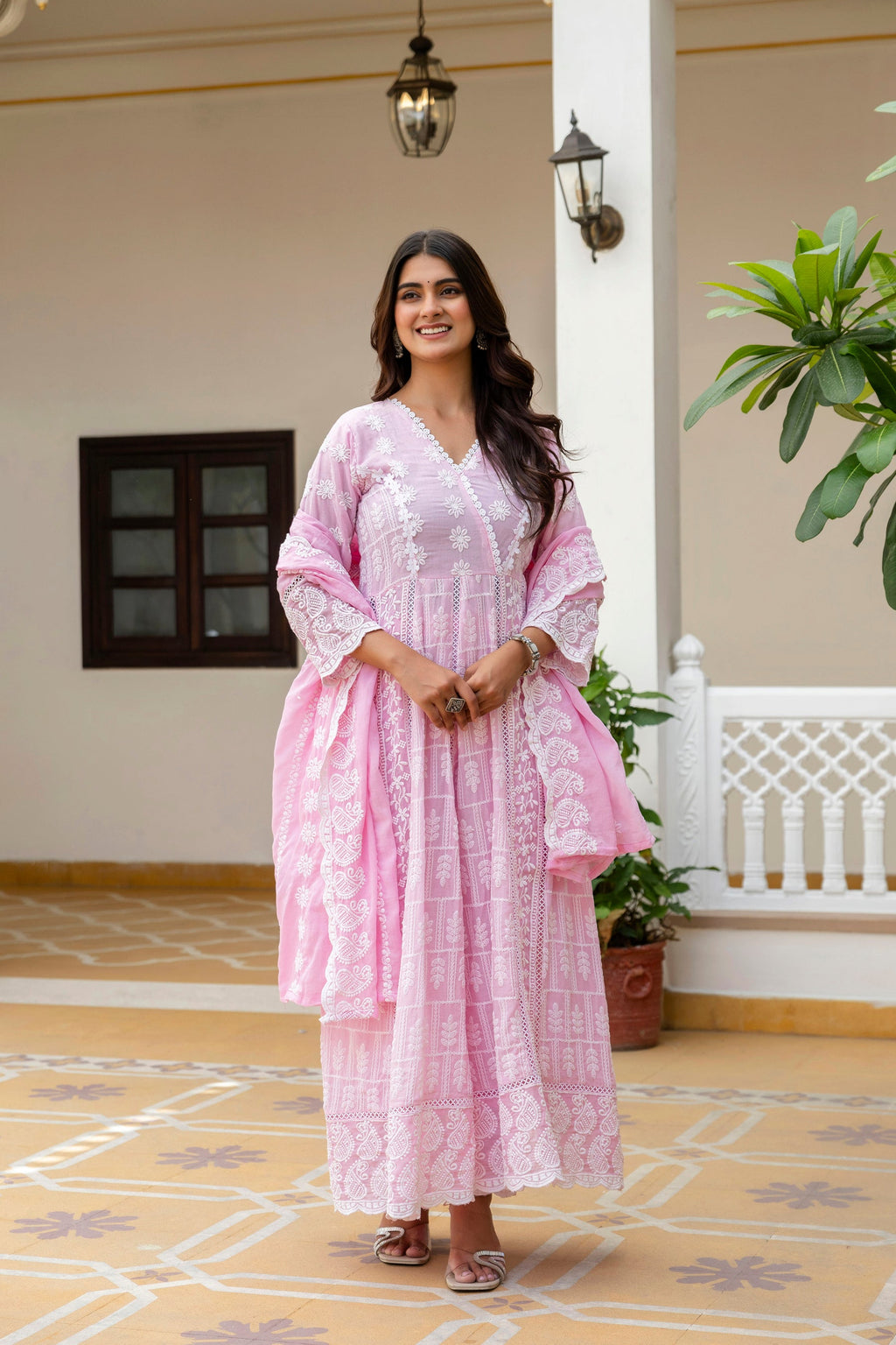 Lorenvalley Fashion Pink Mal Cotton Lakhnowi Work Gown Pant With Dupatta | Grocsy