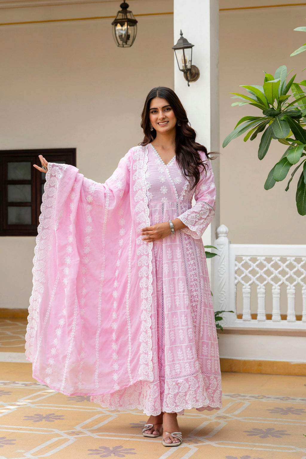 Lorenvalley Fashion Pink Mal Cotton Lakhnowi Work Gown Pant With Dupatta | Grocsy