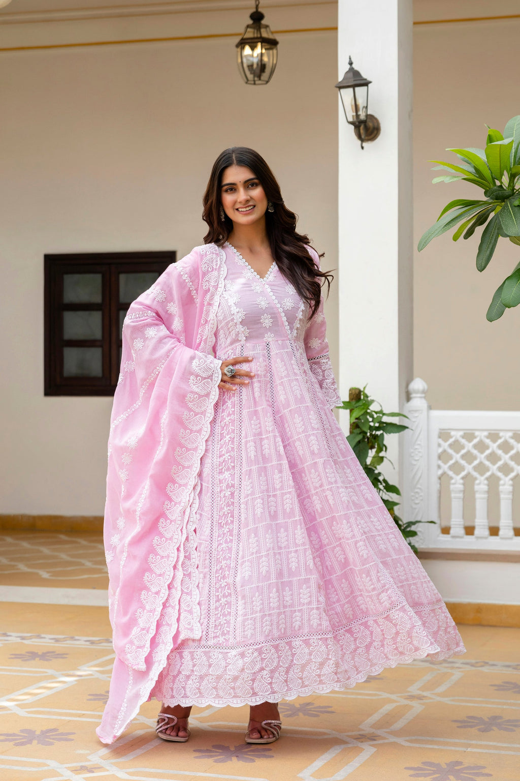Lorenvalley Fashion Pink Mal Cotton Lakhnowi Work Gown Pant With Dupatta | Grocsy